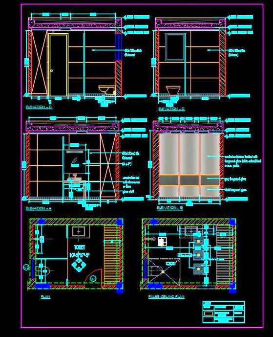 Toilet Design DWG- Modern WC, Basin, Shower & Glass Wardrobe